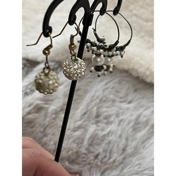 Black/White Beaded Hoop / White Rhinestone Round Dangle Earrings - 2 Pairs - Picture 6 of 12